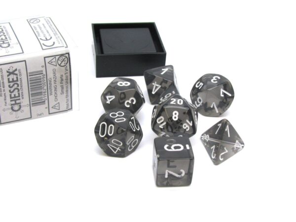 Dés en boite Translucent Smoke w/white