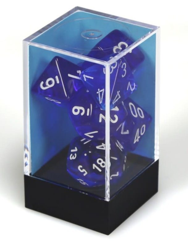 Dés en boite Translucent Blue w/white