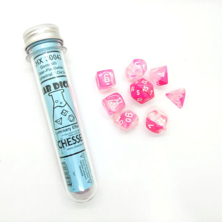Dés en boite Lab Gemini Clear-Pink w/white